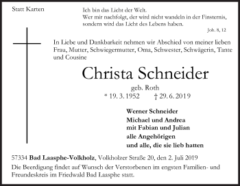 Traueranzeige von Christa Schneider von Siegener Zeitung