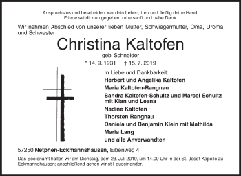 Traueranzeige von Christina Kaltofen von Siegener Zeitung