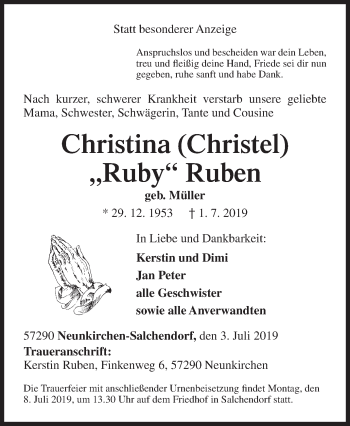 Traueranzeige von Christina Ruben von Siegener Zeitung