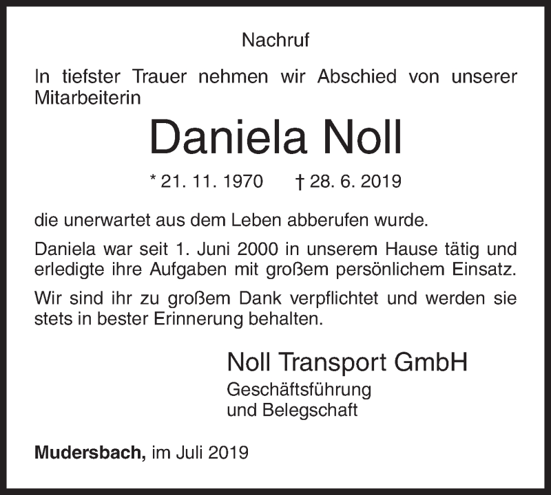  Traueranzeige für Daniela Noll vom 06.07.2019 aus Siegener Zeitung