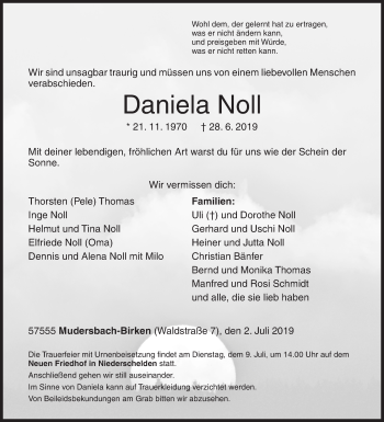 Traueranzeige von Daniela Noll von Siegener Zeitung