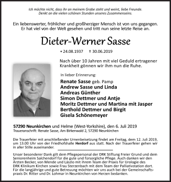 Traueranzeige von Dieter-Werner Sasse von Siegener Zeitung