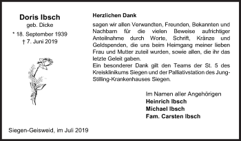 Traueranzeige von Doris Ibsch von Siegener Zeitung