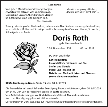 Traueranzeige von Doris Roth von Siegener Zeitung