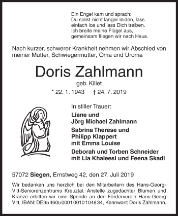 Traueranzeige von Doris Zahlmann von Siegener Zeitung