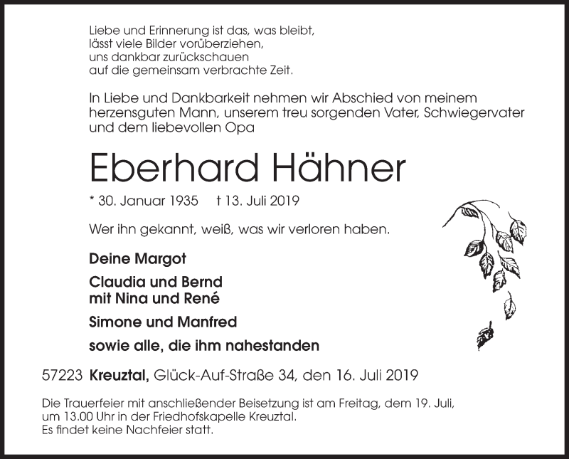  Traueranzeige für Eberhard Hähner vom 16.07.2019 aus Siegener Zeitung
