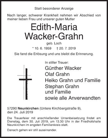 Traueranzeige von Edith-Maria Wacker-Grahn von Siegener Zeitung
