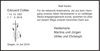 Traueranzeige von Edouard Collee von Siegener Zeitung