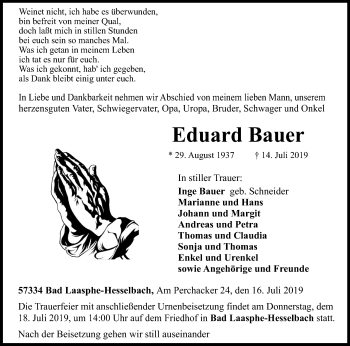 Traueranzeige von Eduard Bauer von Siegener Zeitung