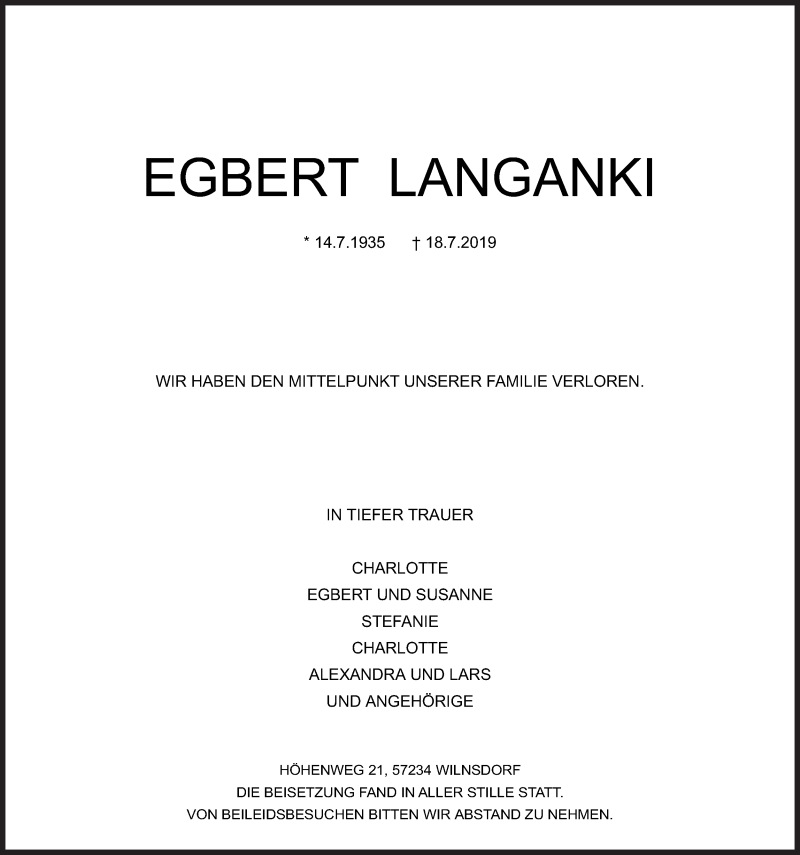  Traueranzeige für Egbert Langanki vom 23.07.2019 aus Siegener Zeitung