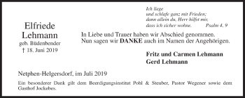 Traueranzeige von Elfriede Lehmann von Siegener Zeitung