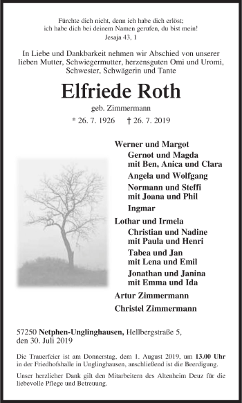 Traueranzeige von Elfriede Roth von Siegener Zeitung
