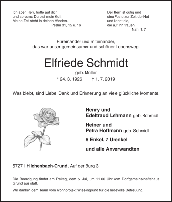 Traueranzeige von Elfriede Schmidt von Siegener Zeitung