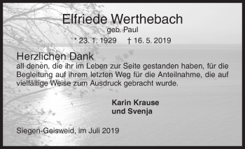 Traueranzeige von Elfriede Werthebach von Siegener Zeitung