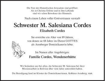 Traueranzeige von Elisabeth Cordes von Siegener Zeitung
