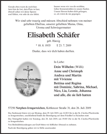 Traueranzeige von Elisabeth Schäfer von Siegener Zeitung