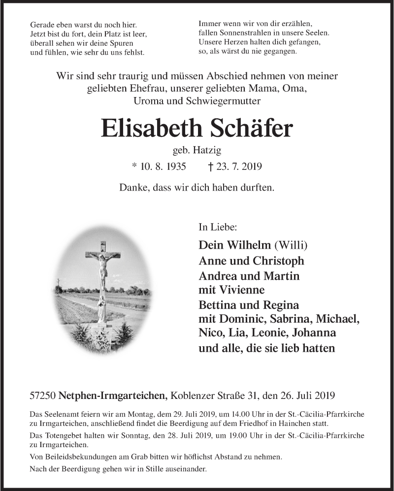  Traueranzeige für Elisabeth Schäfer vom 26.07.2019 aus Siegener Zeitung