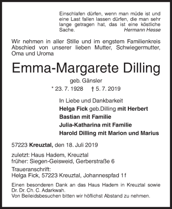 Traueranzeige von Emma-Margarete Dilling von Siegener Zeitung