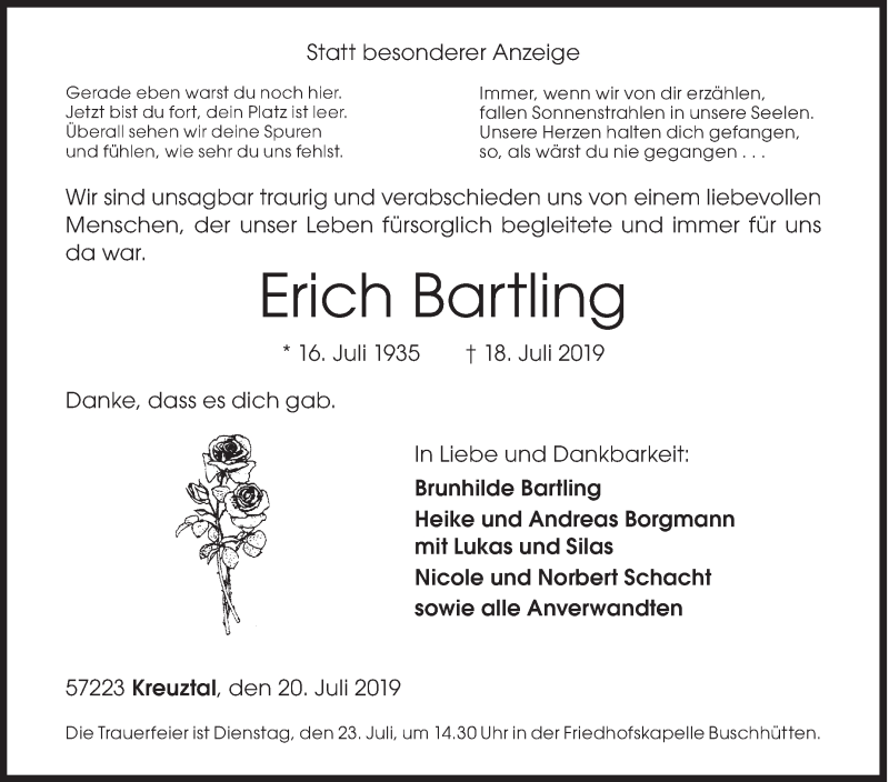  Traueranzeige für Erich Bartling vom 20.07.2019 aus Siegener Zeitung