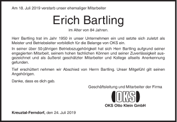 Traueranzeige von Erich Bartling von Siegener Zeitung