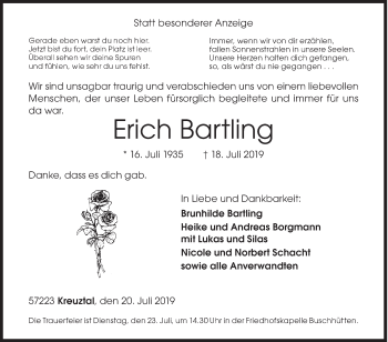 Traueranzeige von Erich Bartling von Siegener Zeitung