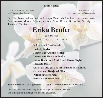 Traueranzeige von Erika Benfer von Siegener Zeitung