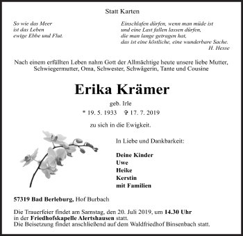 Traueranzeige von Erika Krämer von Siegener Zeitung