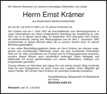 Traueranzeige von Ernst Krämer von Siegener Zeitung