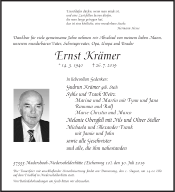 Traueranzeige von Ernst Krämer von Siegener Zeitung