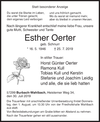 Traueranzeige von Esther Oerter von Siegener Zeitung