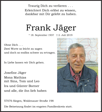 Traueranzeige von Frank Jäger von Siegener Zeitung