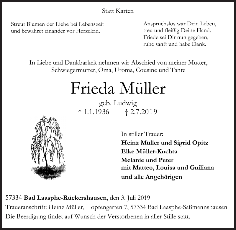  Traueranzeige für Frieda Müller vom 03.07.2019 aus Siegener Zeitung