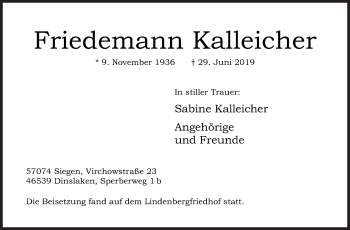 Traueranzeige von Friedemann Kalleicher von Siegener Zeitung