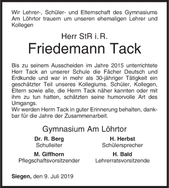 Traueranzeige von Friedemann Tack von Siegener Zeitung