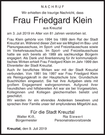 Traueranzeige von Friedgard Klein von Siegener Zeitung