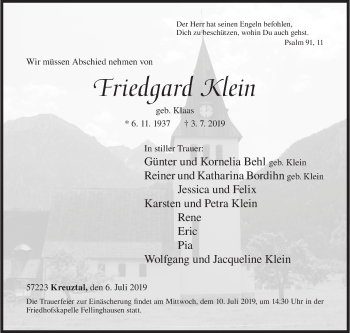 Traueranzeige von Friedgard Klein von Siegener Zeitung
