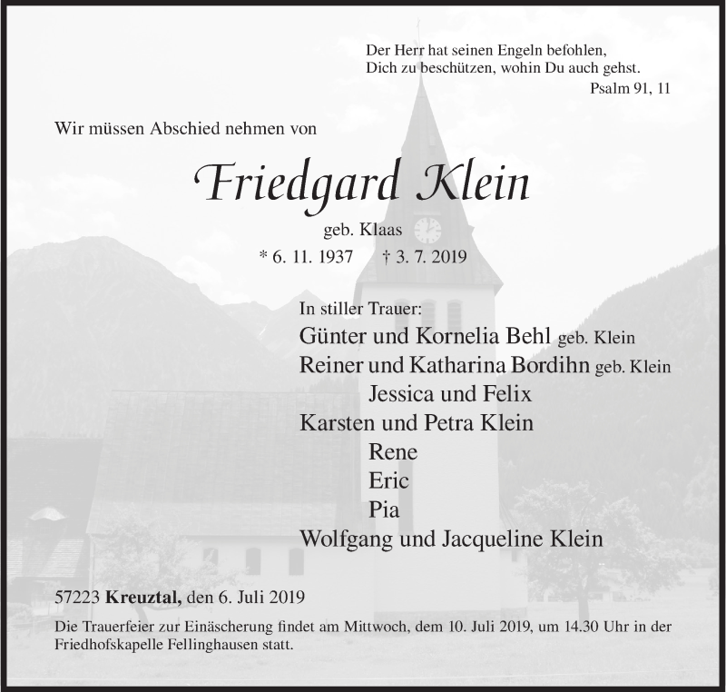  Traueranzeige für Friedgard Klein vom 06.07.2019 aus Siegener Zeitung