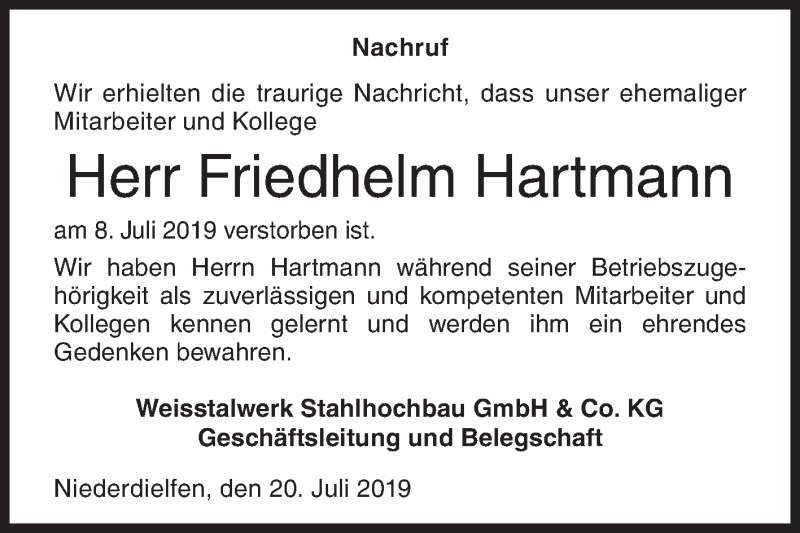  Traueranzeige für Friedhelm Hartmann vom 20.07.2019 aus Siegener Zeitung