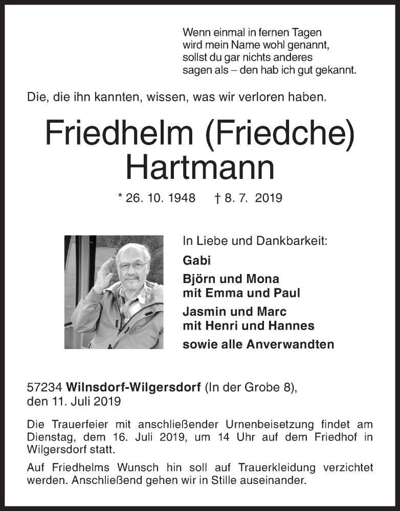  Traueranzeige für Friedhelm Hartmann vom 11.07.2019 aus Siegener Zeitung