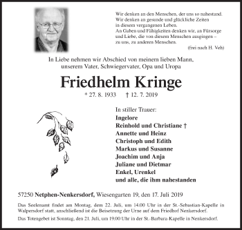 Traueranzeige von Friedhelm Kringe von Siegener Zeitung