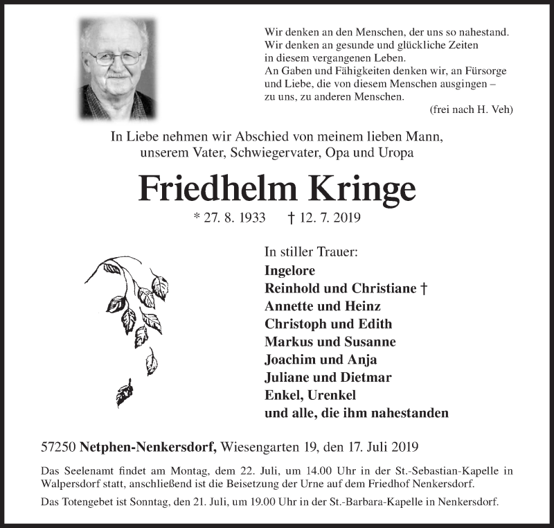  Traueranzeige für Friedhelm Kringe vom 17.07.2019 aus Siegener Zeitung