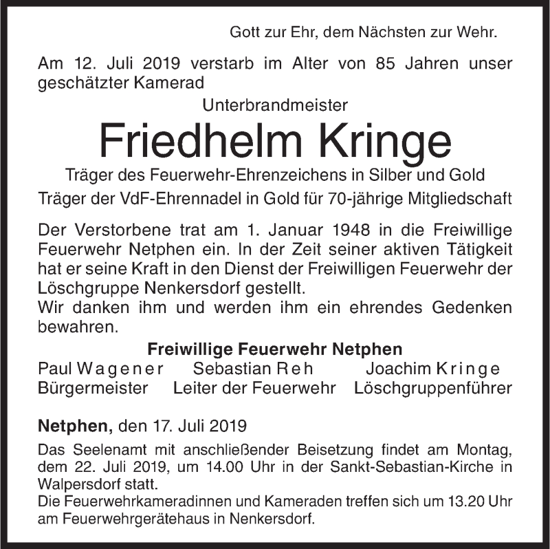  Traueranzeige für Friedhelm Kringe vom 17.07.2019 aus Siegener Zeitung