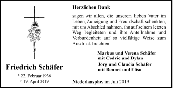 Traueranzeige von Friedrich Schäfer von Siegener Zeitung