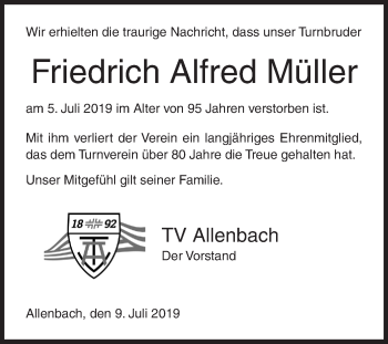Traueranzeige von Friedrich Alfred Müller von Siegener Zeitung
