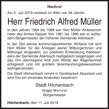 Traueranzeige von Friedrich Alfred Müller von Siegener Zeitung