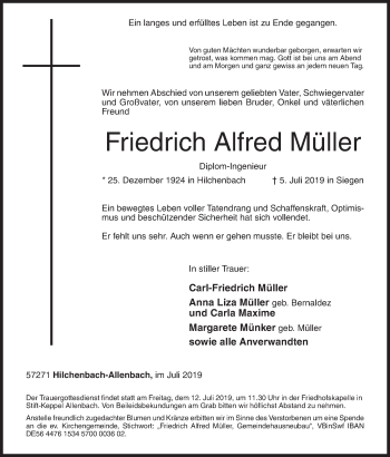 Traueranzeige von Friedrich Alfred Müller von Siegener Zeitung