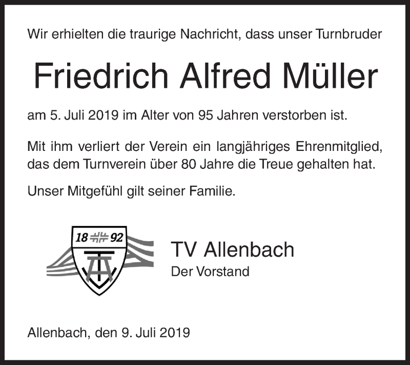  Traueranzeige für Friedrich Alfred Müller vom 09.07.2019 aus Siegener Zeitung
