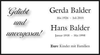 Traueranzeige von Gerda und Hans Balder von Siegener Zeitung