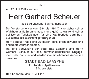 Traueranzeige von Gerhard Scheuer von Siegener Zeitung