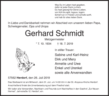 Traueranzeige von Gerhard Schmidt von Siegener Zeitung